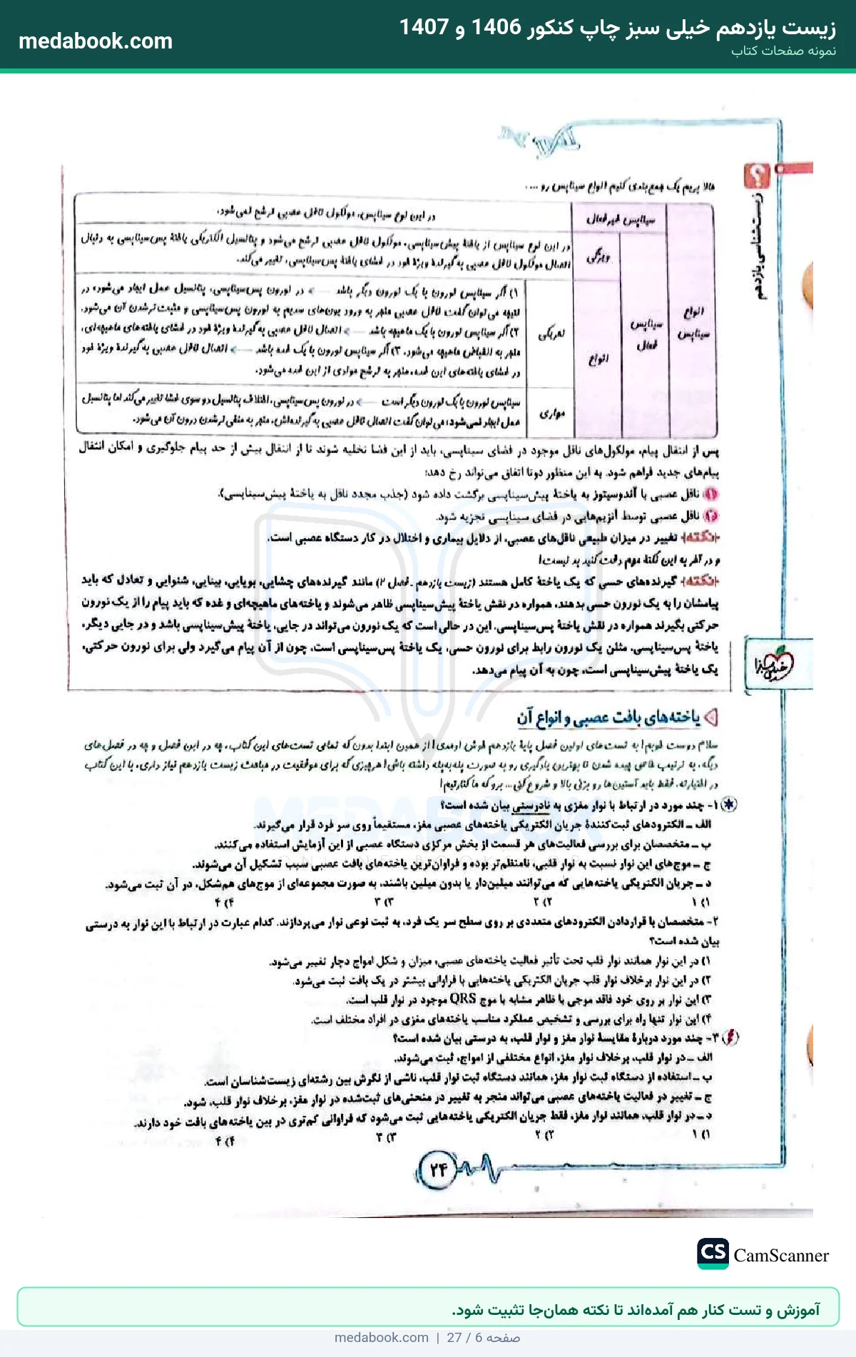 نمونه صفحات زیست یازدهم خیلی سبز چاپ کنکور 1406 و 1407 - آموزش و تست کنار هم آمدهاند تا نکته همانجا تثبیت شود.