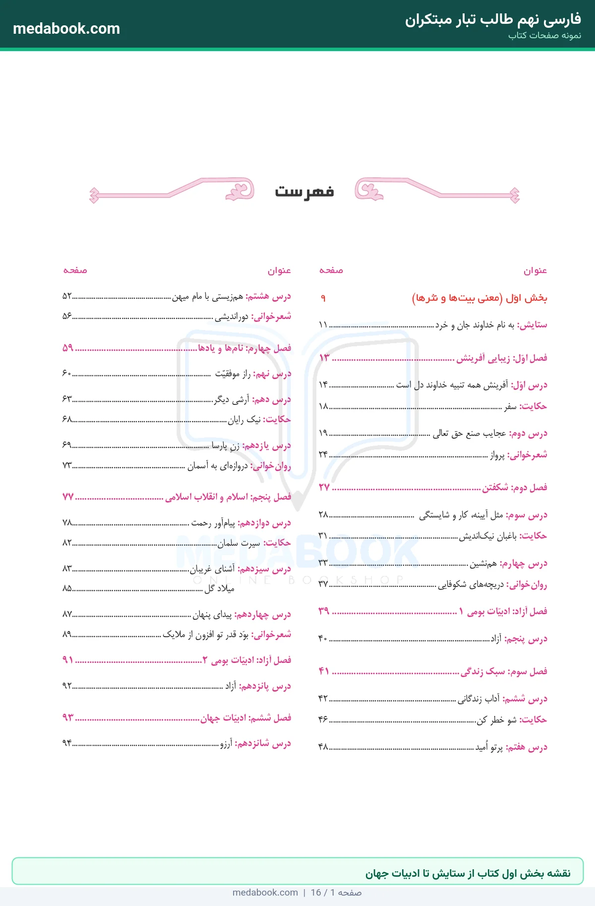 نمونه صفحات فارسی نهم طالب تبار مبتکران - نقشه بخش اول کتاب از ستایش تا ادبیات جهان